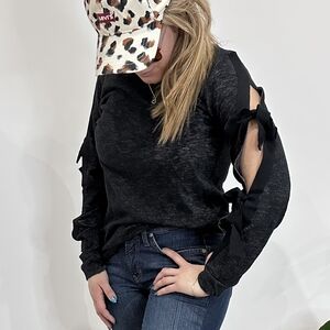 Classic Neutral Romantic Basic Charcoal Black Pleione Blouse With Bows